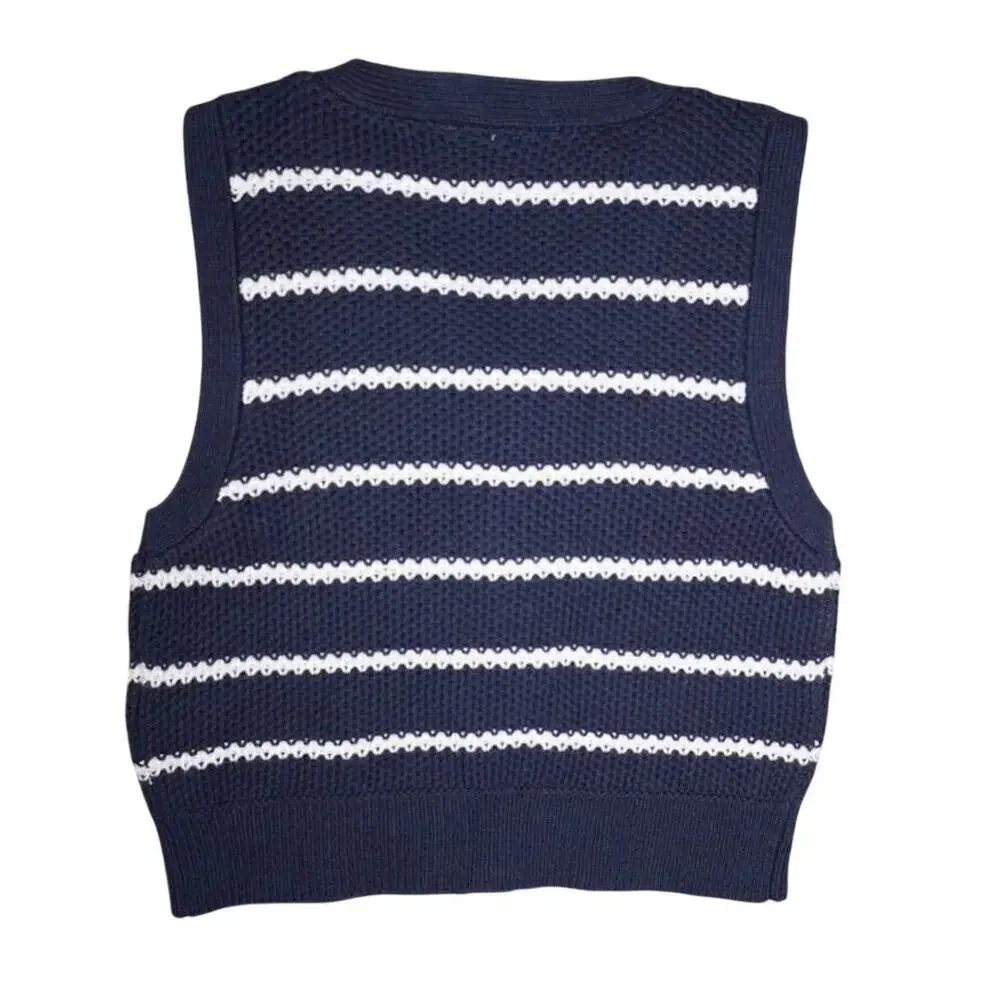 Abercrombie Kids Striped Sweater Vest Navy White Button Front Preppy 9/10